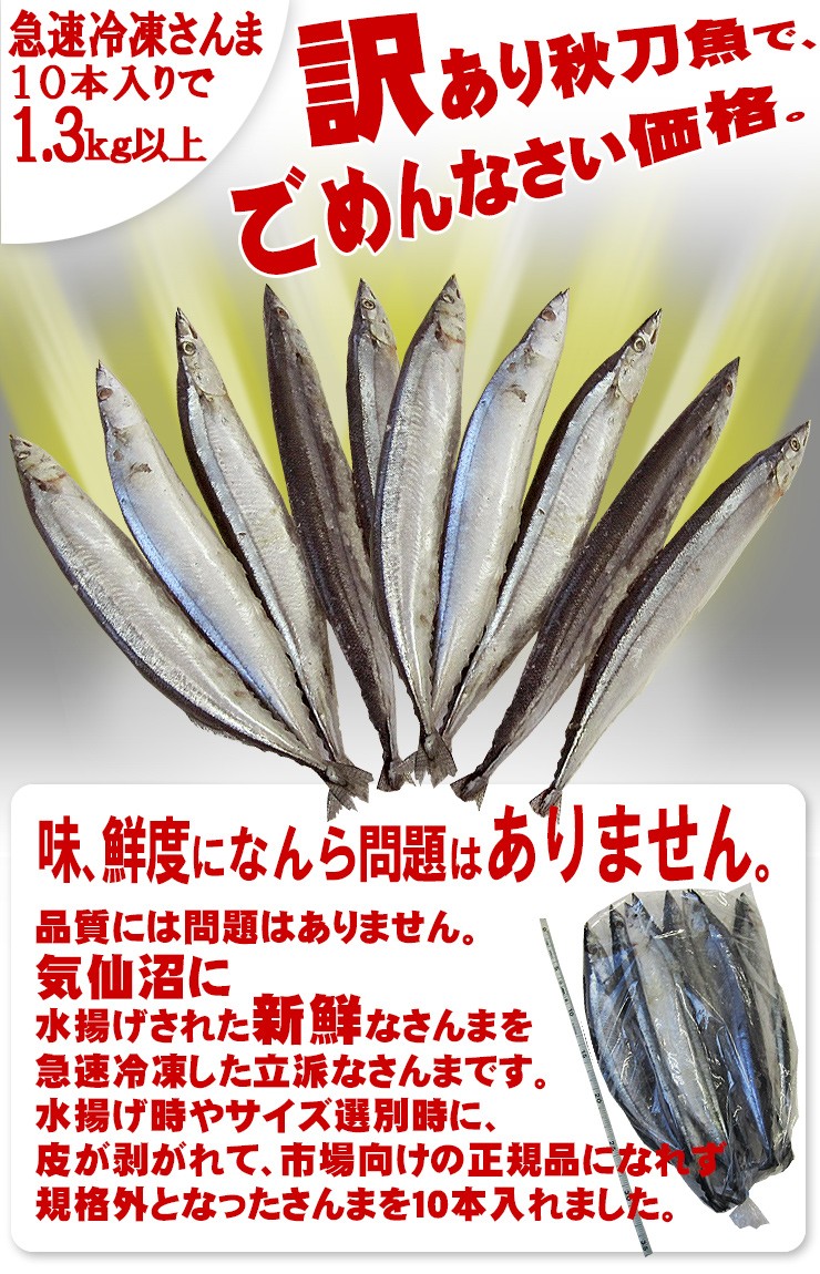 訳あり さんま 冷凍 (10本 (合計1．3キロ以上)) 足利本店 気仙沼 三陸 秋刀魚 お取り寄せ :000100047DF225010:気仙沼さん  - 通販 - Yahoo!ショッピング