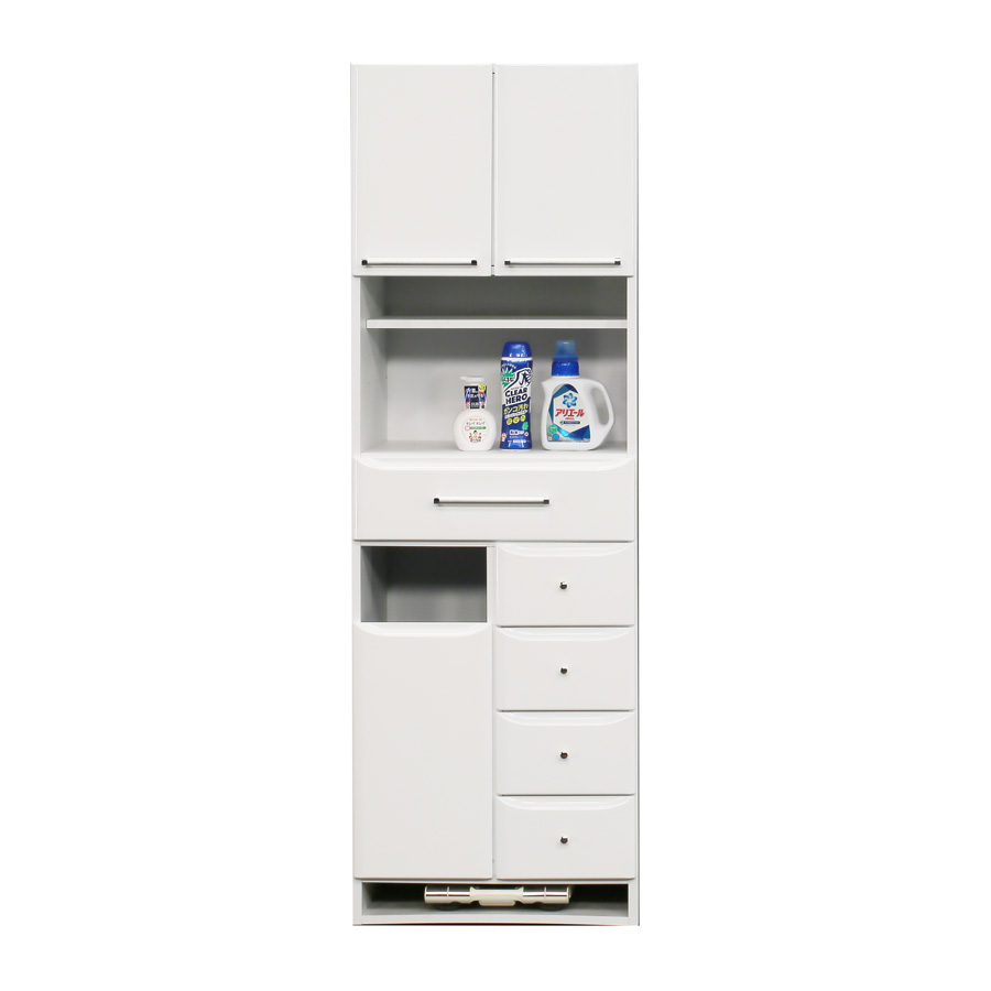 完成品 W60cm ランドリー収納 扉付き 引出 カゴ付き 白 ホワイトの画像