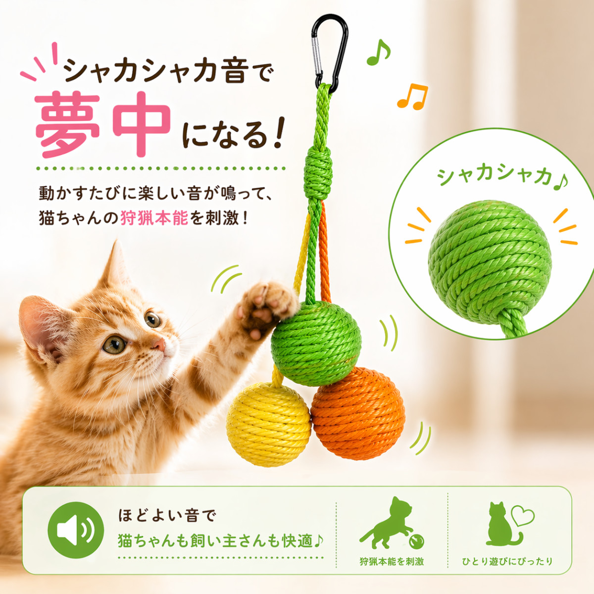 へつひもねこ 猫 おもちゃ 麻紐ボール3色セット カラビナ付き 麻ひも 猫おもちゃ