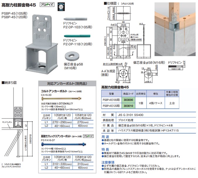 カネシン 高耐力柱脚金物45 (4個入) PSBP-45(105用) : kns-303000