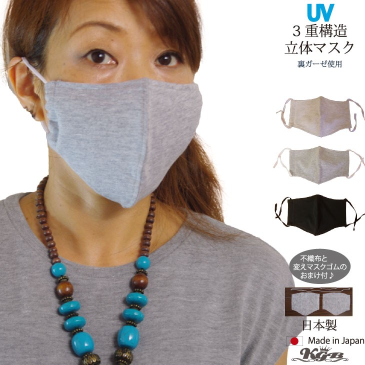 布マスク 日本製 UV 天竺 裏ガーゼ 3重構造 立体 洗える メール便送料