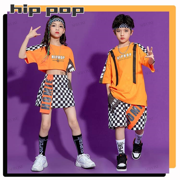 ガールズ 男の子 女の子 韓国 キッズ ダンス 衣装 オ レンジ セットアップ ブロックチェック パンツ スカート 普段着 長袖 ポップ キッズ ショート トップス へ