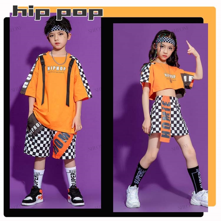 ガールズ 男の子 女の子 韓国 キッズ ダンス 衣装 オ レンジ セットアップ ブロックチェック パンツ スカート 普段着 長袖 ポップ キッズ ショート トップス へ