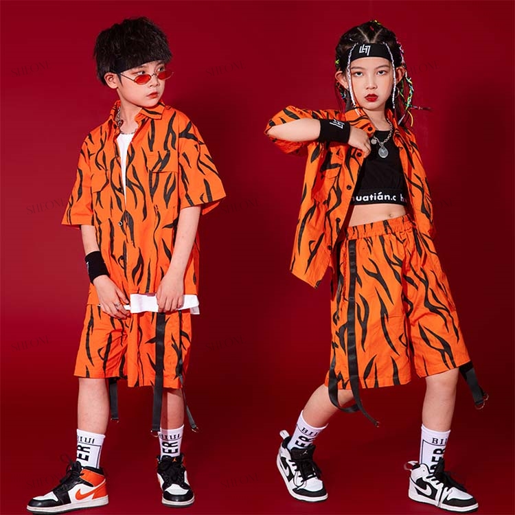 オレンジ 夏 派手 ベースボール シャツ 半袖 キッズ ダンス衣装 セットアップ 男の子 女の子 かっこいい カジュアルシャツ おしゃれ トップス ロングtシャツ ロ