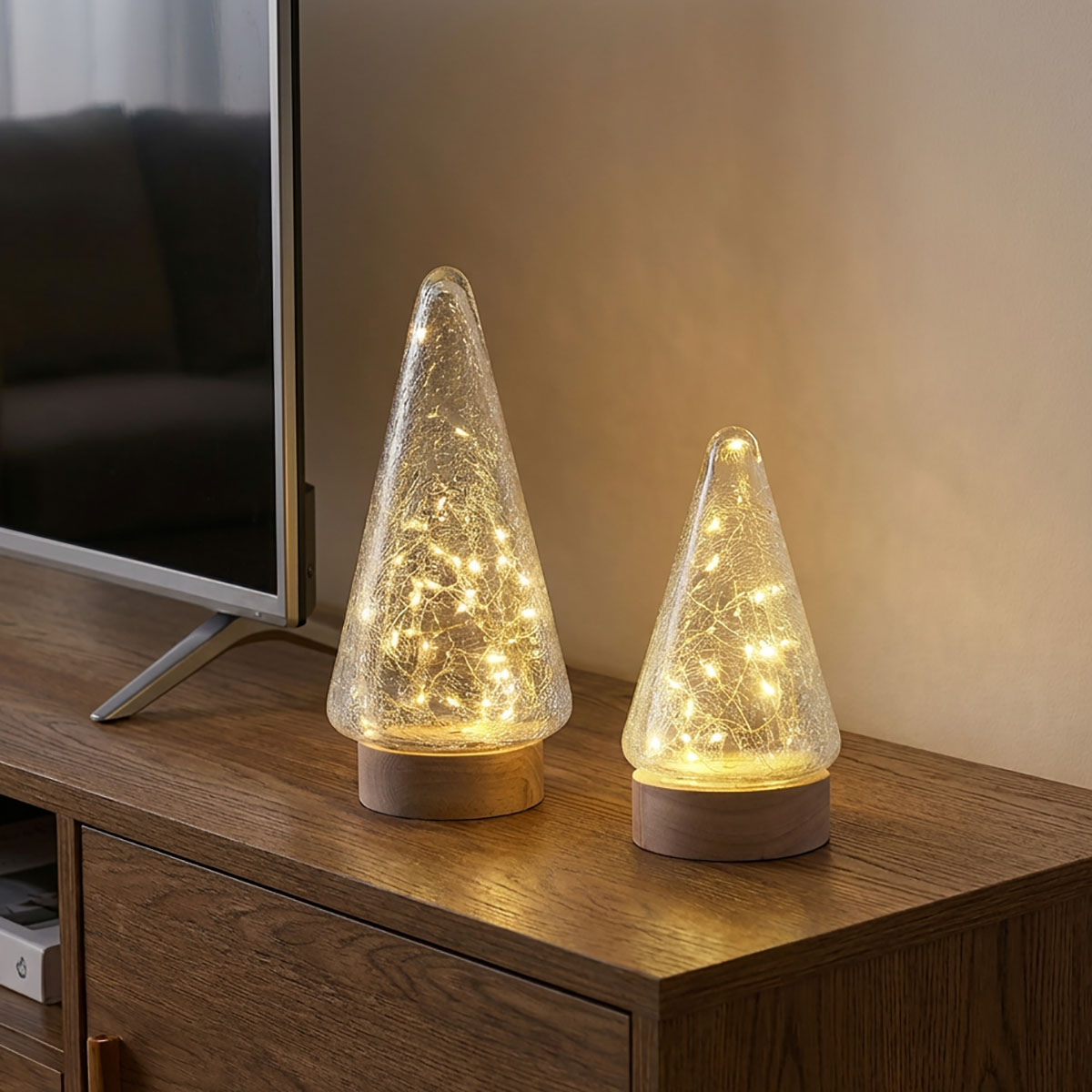 クラックガラス LEDランプ 卓上ライト 電池式 三角錐 木製土台 ガラス