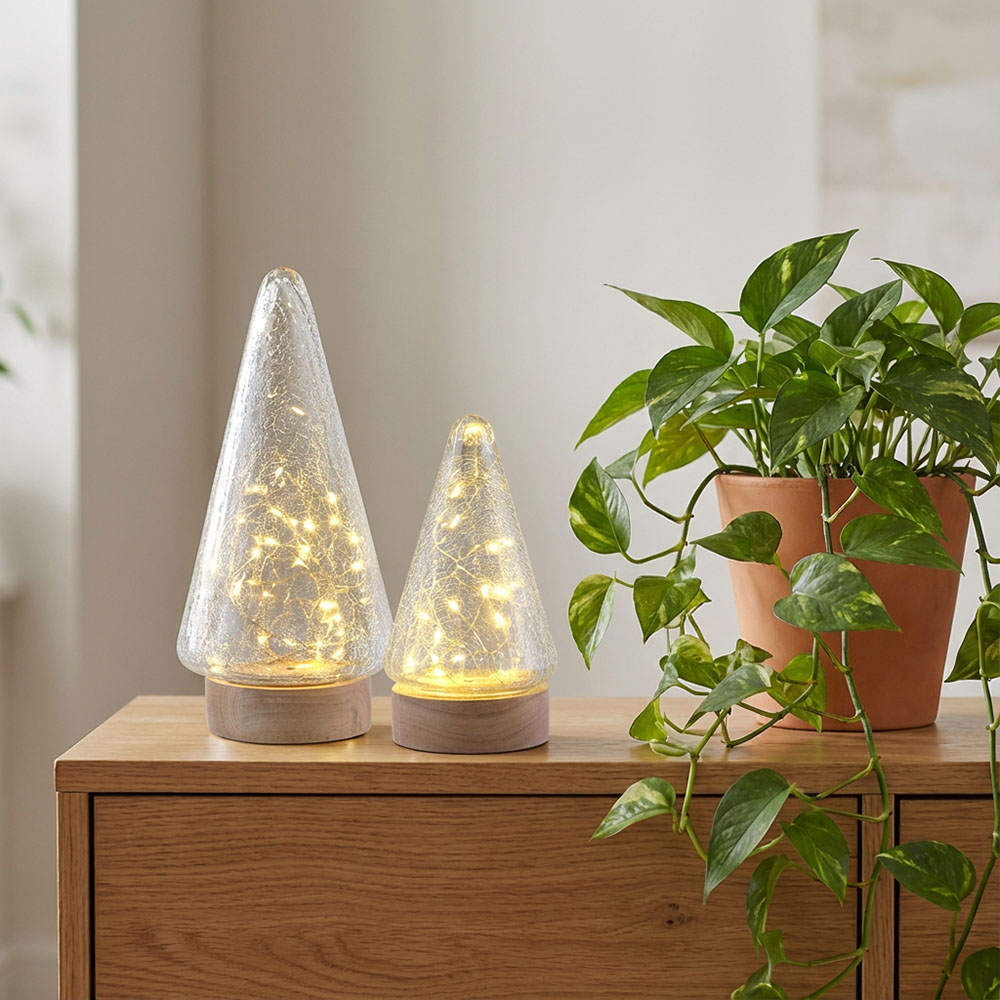 クラックガラス LEDランプ 卓上ライト 電池式 三角錐 木製土台 ガラス