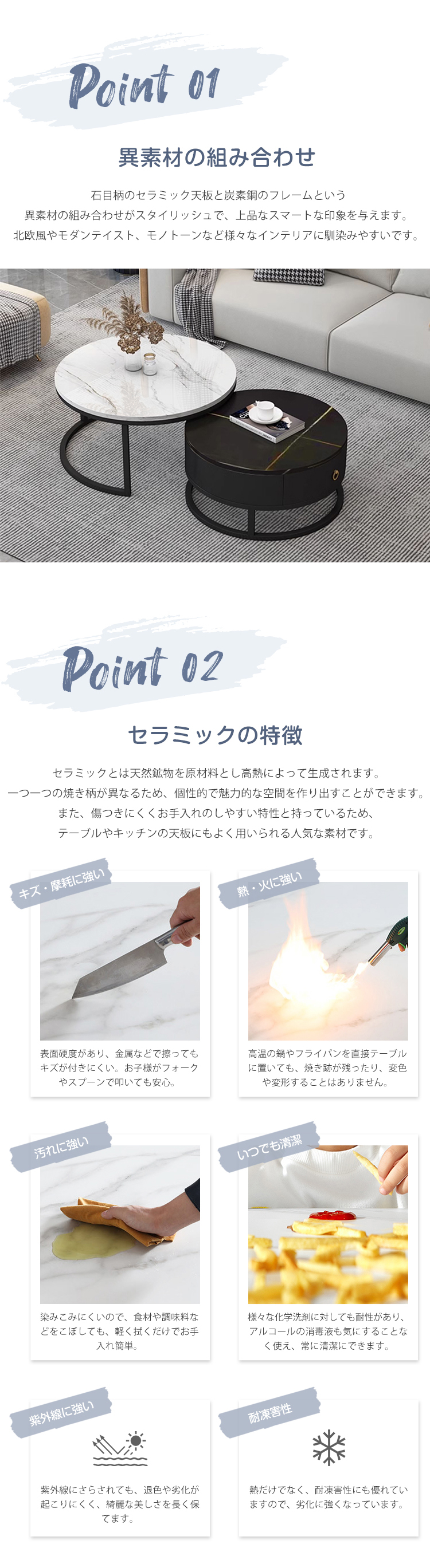8%クーポン有☆ネストテーブル 大理石調 2個セット ローテーブル