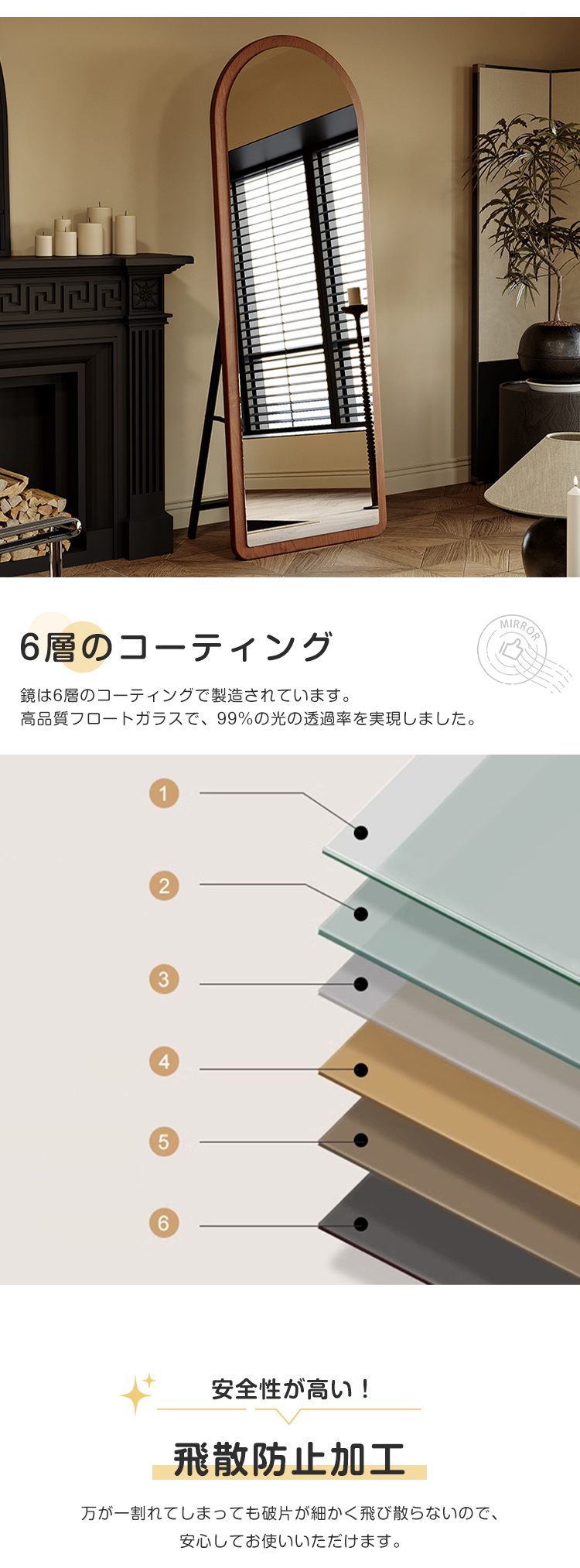 8%OFFクーポン☆ミラー 全身鏡 姿見 アーチ型 スタンドミラー 鏡