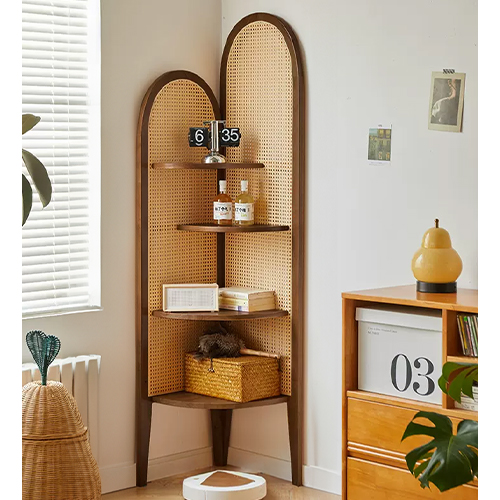 6%OFFクーポン☆コーナーラック 木製 ラタン調 スリム 天然木 オープン