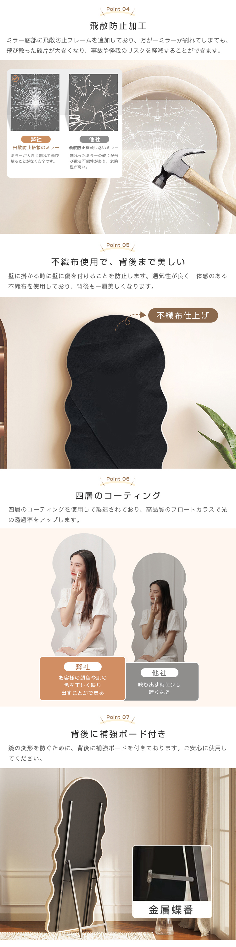 レビュー特典・ウェーブミラー ホワイト 可愛い 姿見鏡 2way パイル