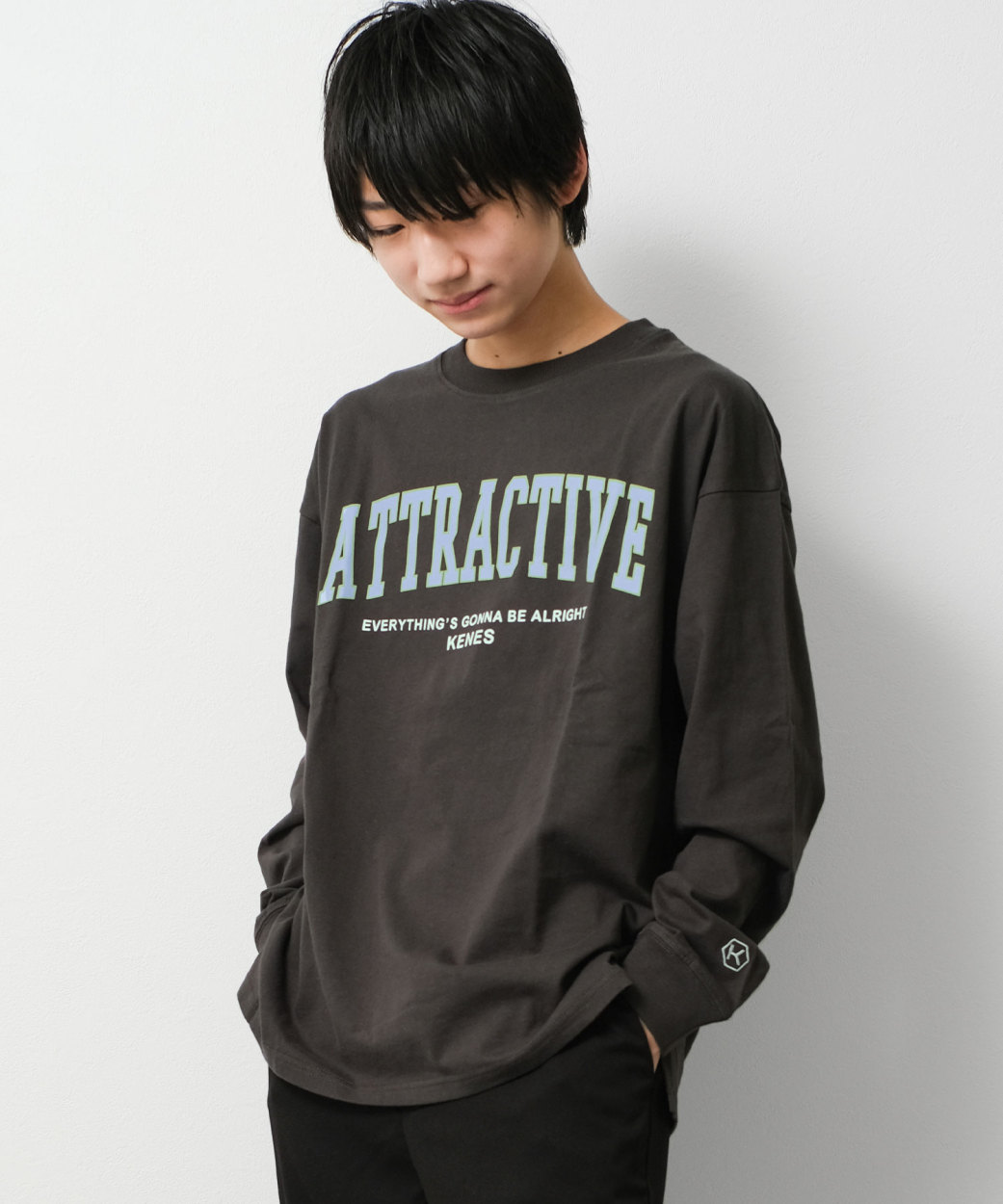 メンズ アーチロゴプリントロングTシャツ ビッグシルエットトップス 長袖 中学生 高校生 150 1...