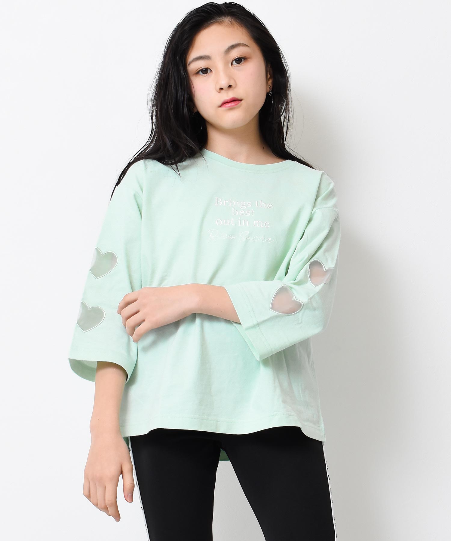 RiCO SUCRE 子供服 女の子 オーガンジーハート 七分袖Tシャツ