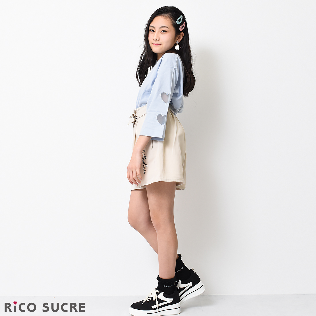 RiCO SUCRE 子供服 女の子 オーガンジーハート 七分袖Tシャツ