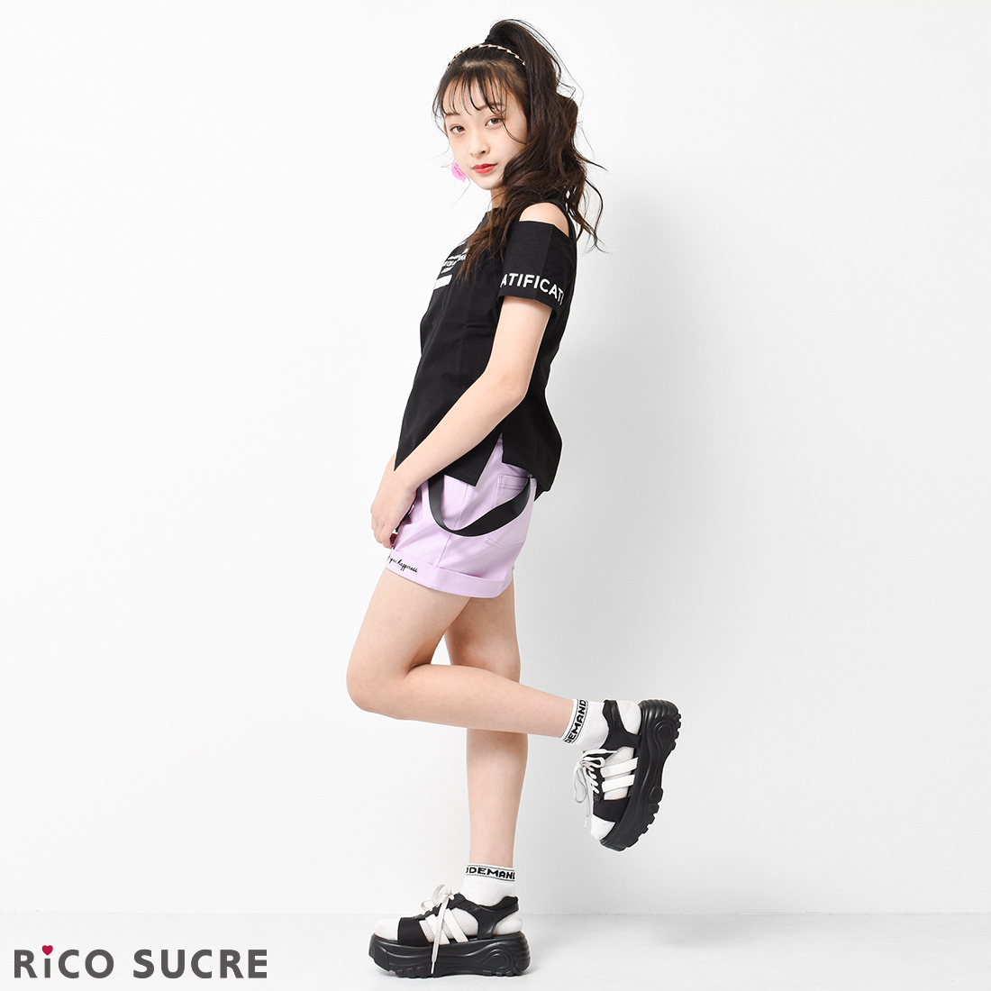 RiCO SUCRE 子供服 女の子 肩あき 半袖Tシャツ オープン