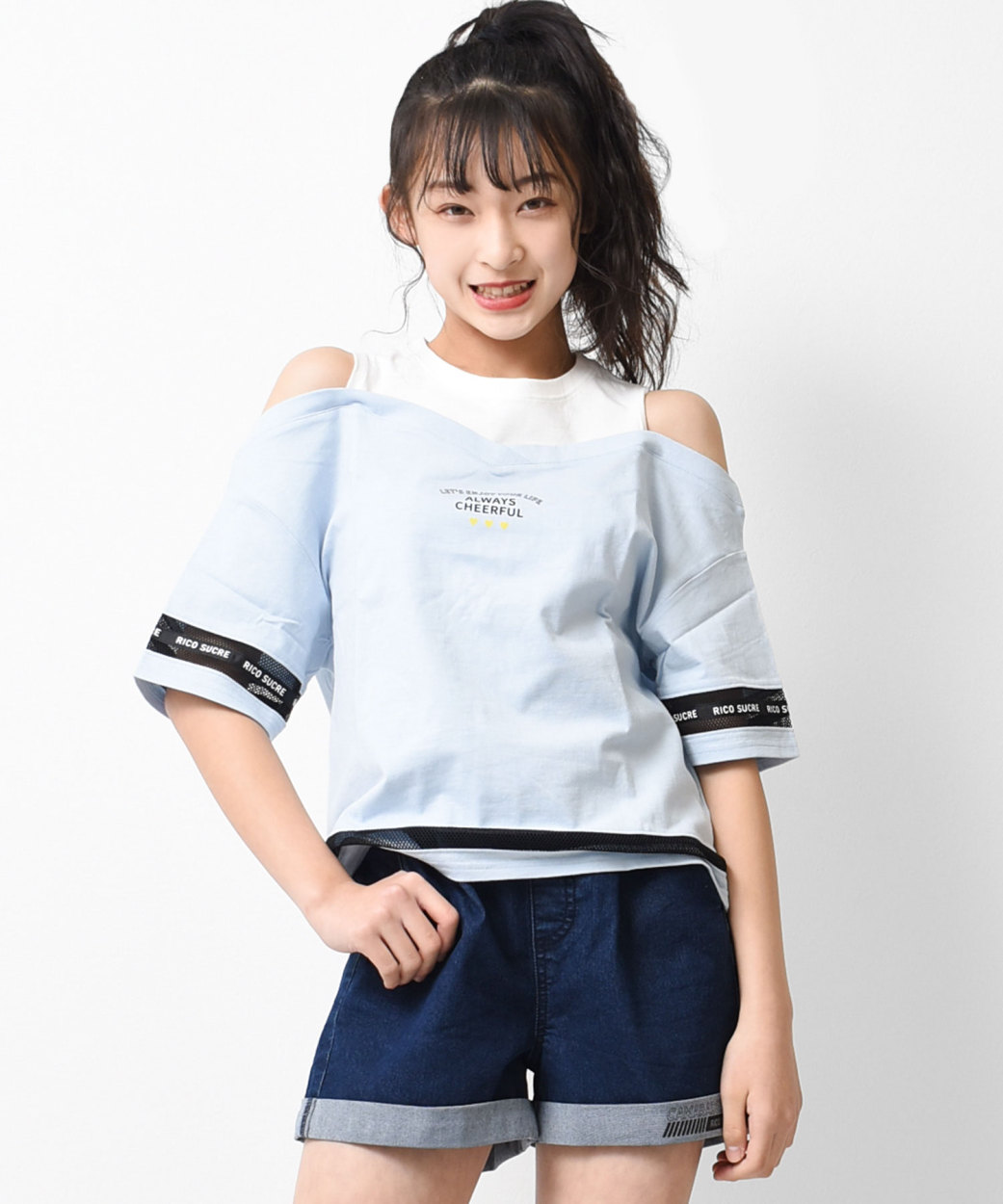 子供服 レイヤード風肩あき半袖Tシャツ 肩あき 肩出し トップス 女の子 キッズ 小学生 中学生 130 140 150 160 165  2点までメール便対象