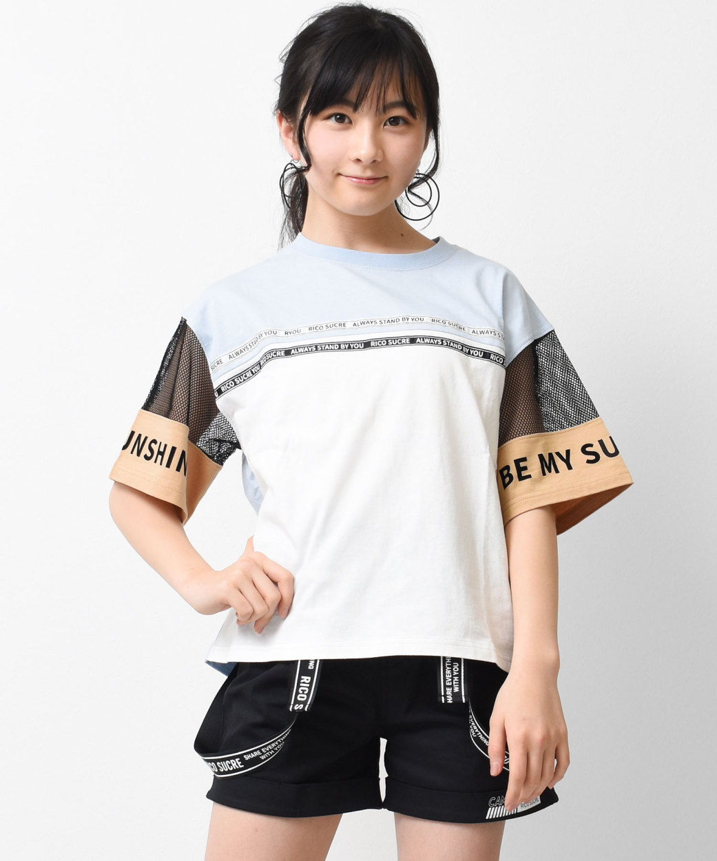 子供服 袖メッシュロゴブロッキング半袖Tシャツ トップス 女の子