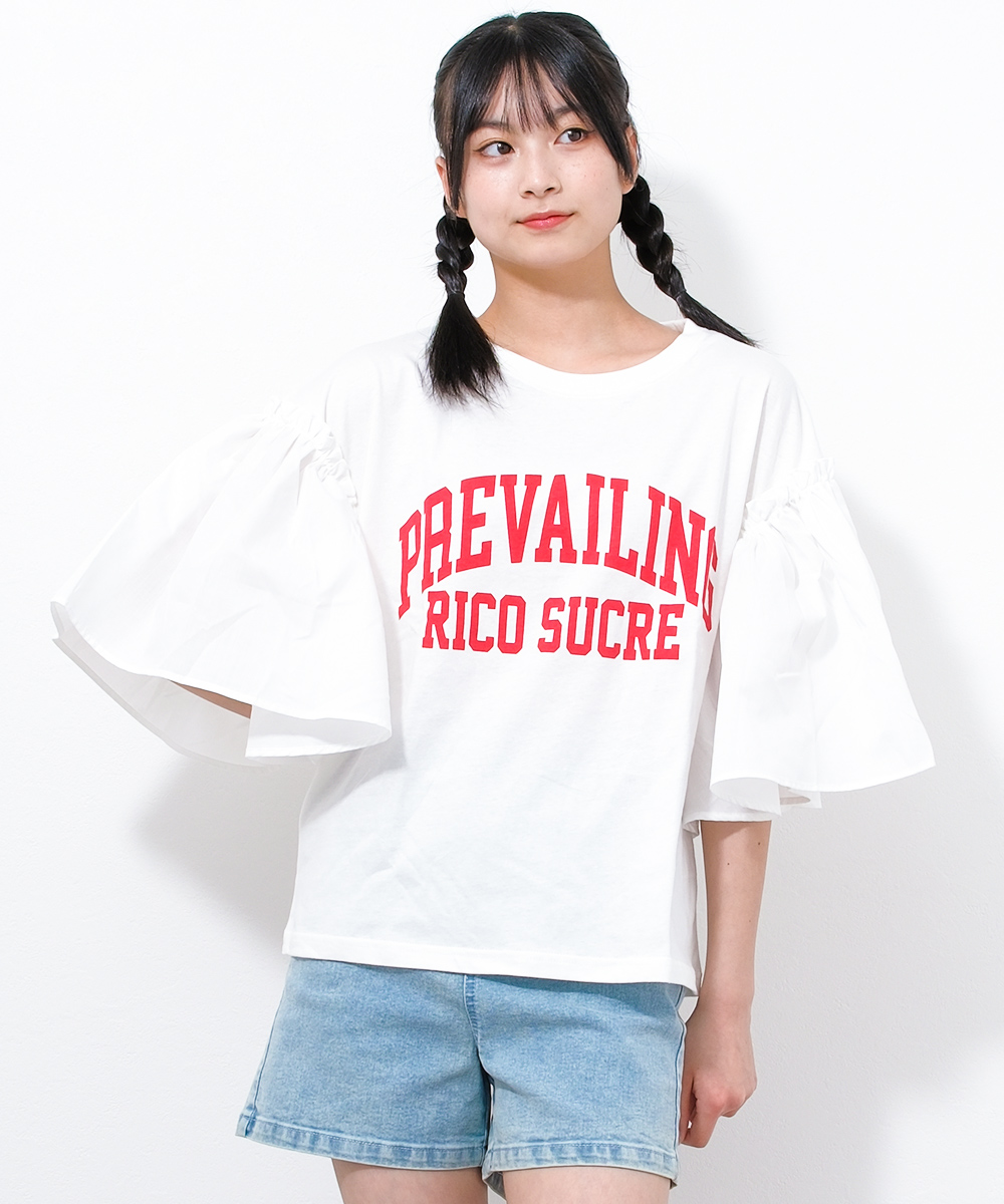 riryハンドメイド子供服 RiCO SUCRE 子供服 女の子 カレッジロゴ 袖フレア 半袖Tシャツ