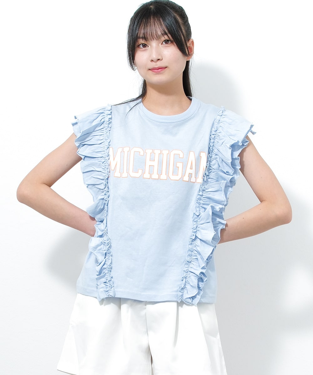 子供服 女の子 カレッジロゴフリルTシャツ フレンチスリーブ トップス 半袖 小学生 中学生 130...