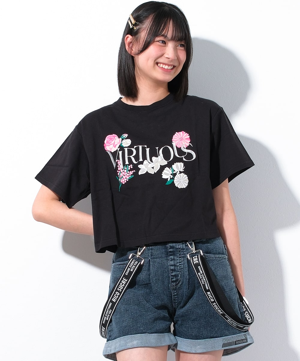 RiCO SUCRE 子供服 女の子 ロゴ刺繍 フラワープリント 半袖T