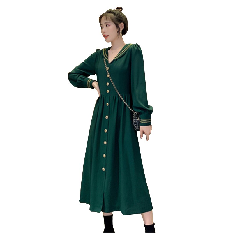 ロングワンピース 長袖 ｖネック 秋新作 レディースワンピース フロントボタン 緑 韓国風 お出かけ レトロ おしゃれ Lyq10q Trendfashion 通販 Yahoo ショッピング