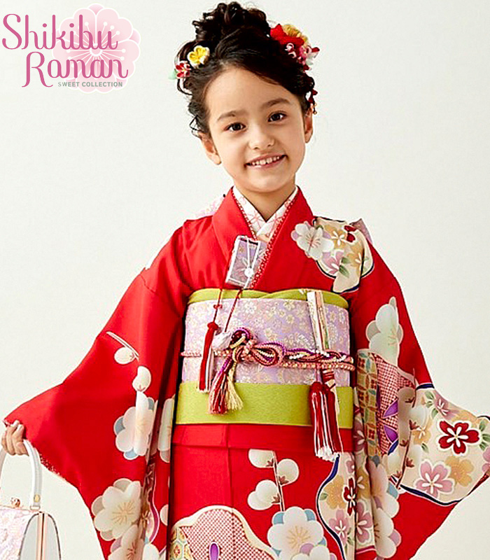 七五三　7歳振袖　破格の２枚セット　白の絵羽柄と赤の小紋柄 七五三 着物セット 女の子 7才 7歳 フルセット 絵羽柄 古典柄