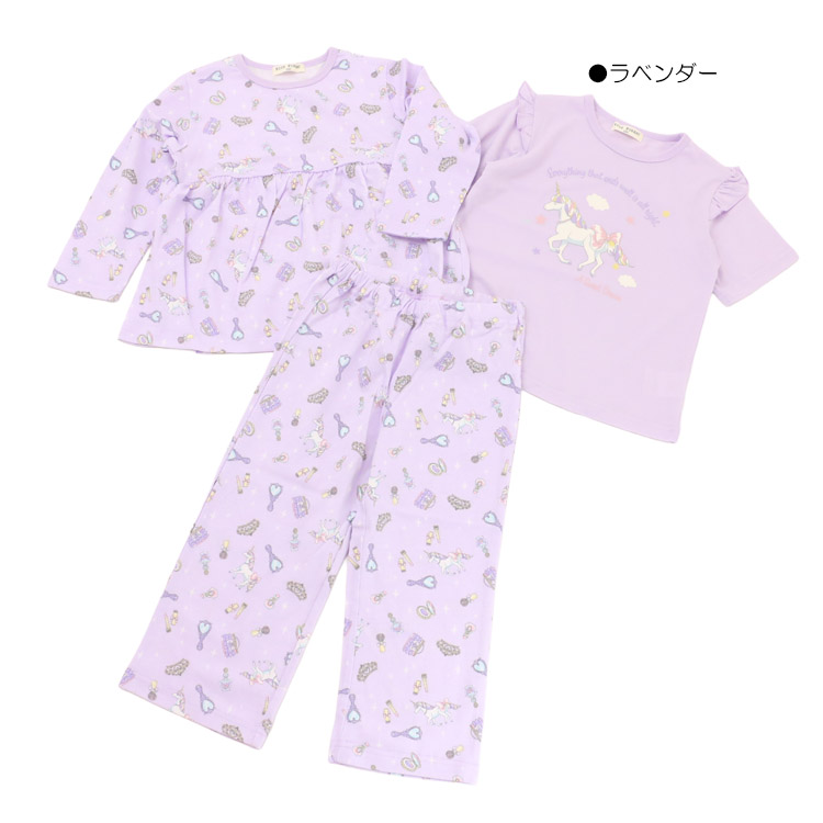 ユニコーン柄×フリル　リボン付き　6点セット パジャマ 3点セット 女の子 ユニコーン コスメ 半袖 長袖 長ズボン