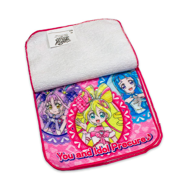 テメ２　プリキュア　フィギュアれんらく袋帽子ポーチケースカードバッグうちわタオル BANDAI キミとアイドルプリキュア ミニタオル3枚組 リアル柄 約