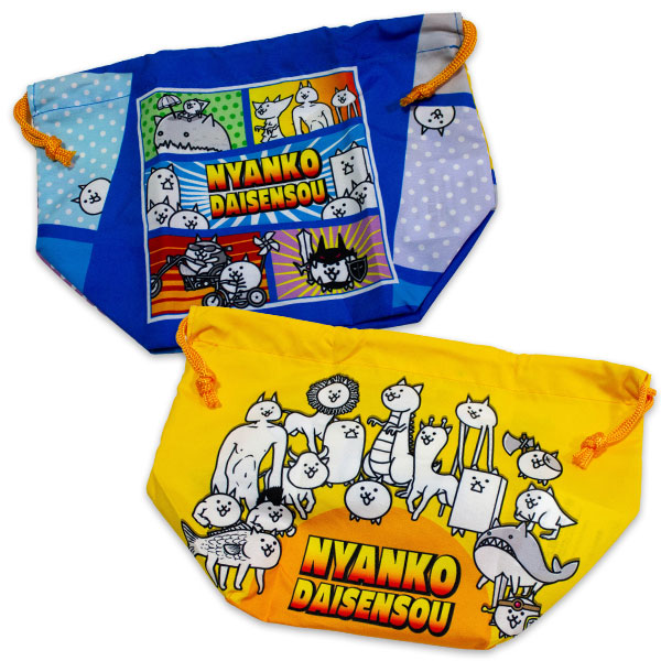 送料無料 にゃんこ大戦争 マチ付き巾着2枚組 約H170mm×W140mm×D120mm