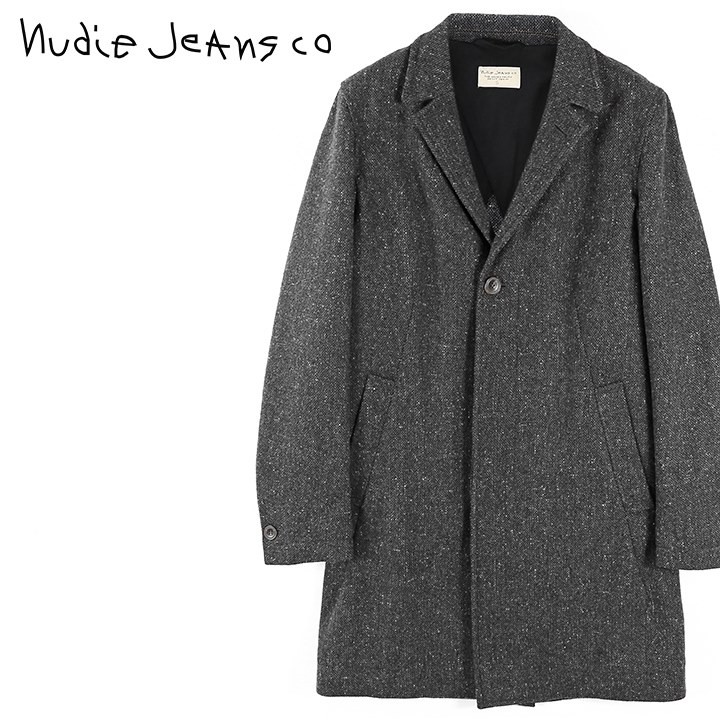 ヌーディージーンズ Nudie Jeans チェスターコート メンズ ウール混 ネップ ツイード 比翼仕立て LEON COAT/RECYCLED  WOOL