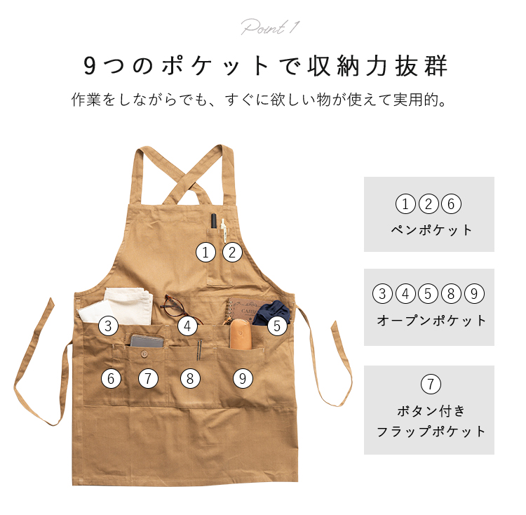エプロン レディース 9ポケット ミニ丈 綿 ...の詳細画像4