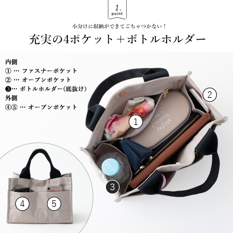 トートバッグ レディース 6ポケット 非対称 キャンバス 小さめ