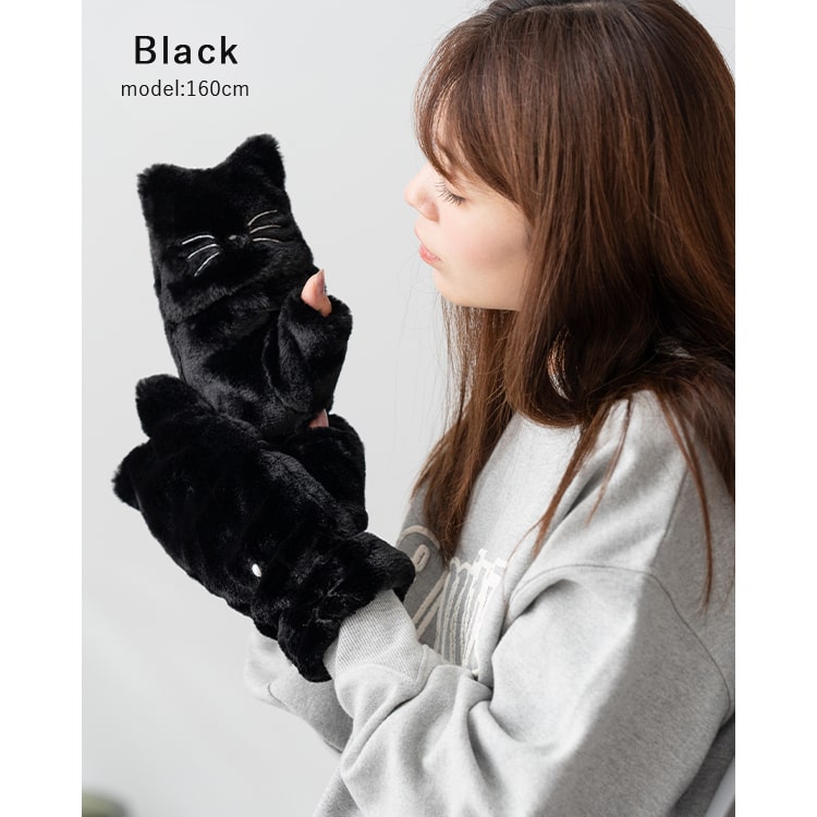 手袋 レディース フェイクファー 指なし ミトン 2way ネコ かわいい