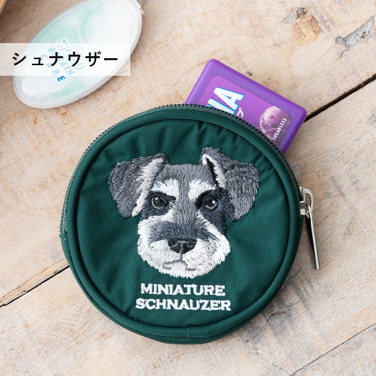 ポーチ 小物入れ 小さめ 刺繍 動物 丸型 カラビナ バッグチャーム