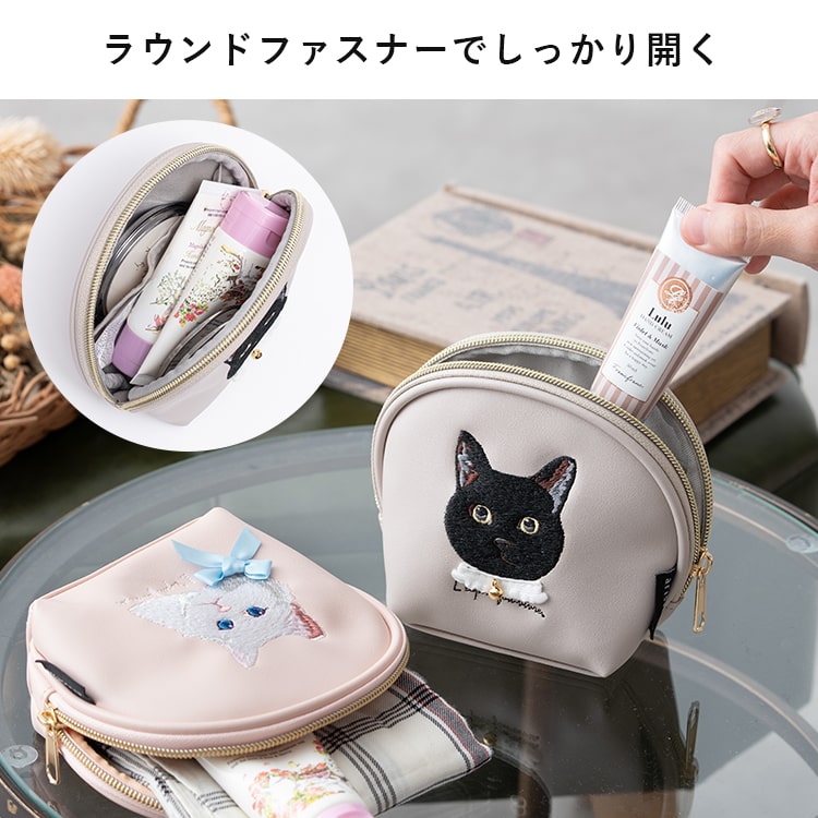 感謝価格　猫柄　10cmファスナープリーツポーチ 小物入れ　ハンドメイド ポーチ 小物入れ 刺繍 動物 ネコ 犬 かわいい おしゃれ 自立 仕切り