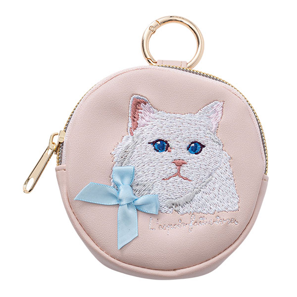 ポーチ 小物入れ 小さめ 刺繍 動物 犬 猫 丸型 カラビナ バッグ