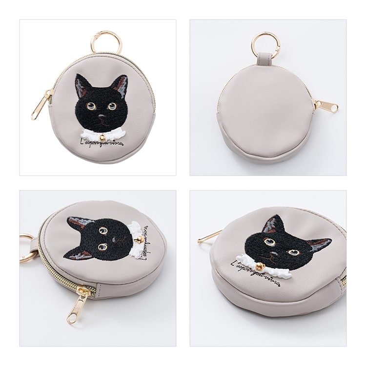 ポーチ 小物入れ 小さめ 刺繍 動物 犬 猫 丸型 カラビナ バッグ