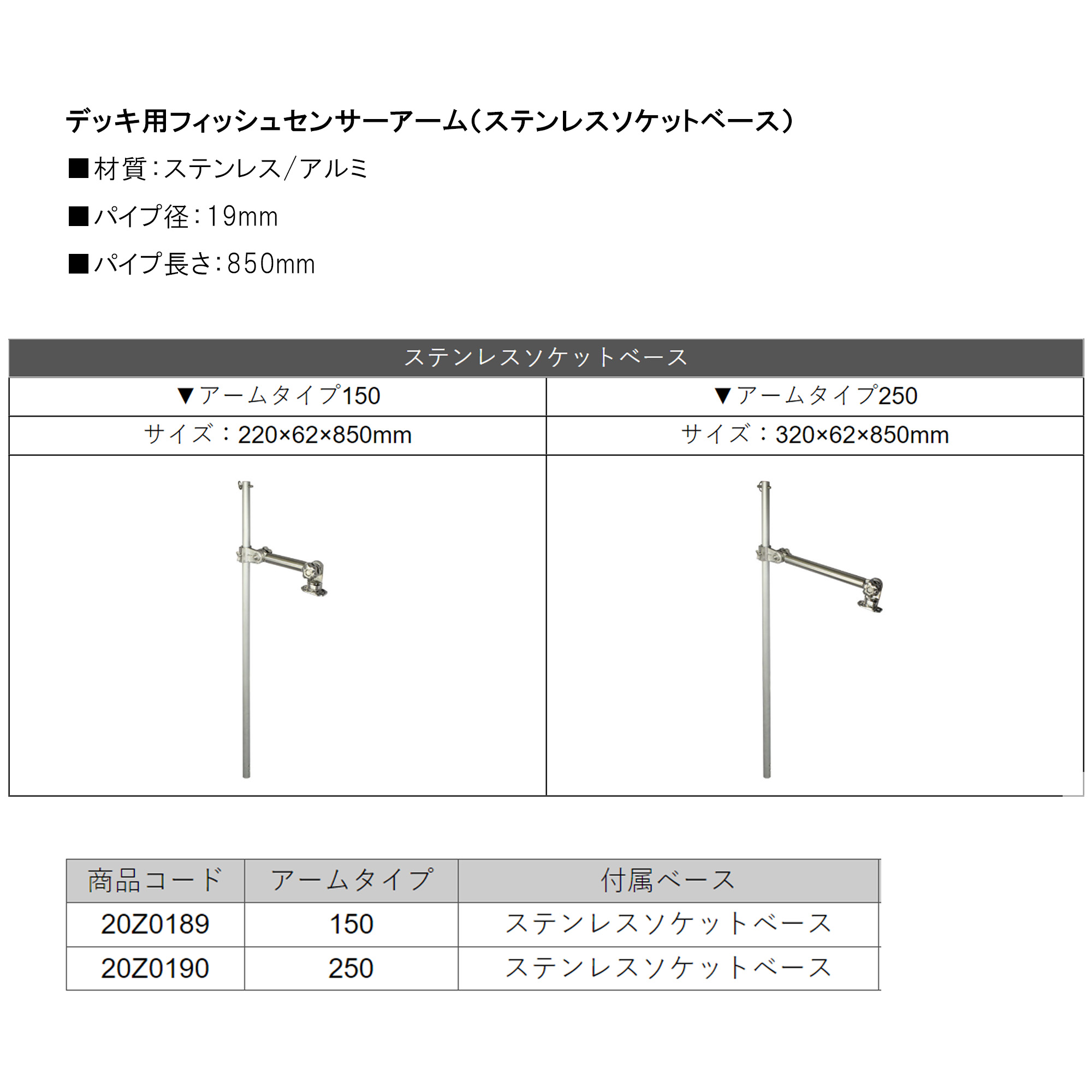 BMO□デッキ用フィッシュセンサーアーム（ステンレスソケットベース