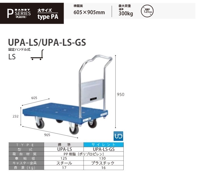 【ポイント15倍】【直送品】 花岡車輌 プラスチック製台車 ダンディ UPA-LS 固定ハンドル式 【特大・送料別】_2