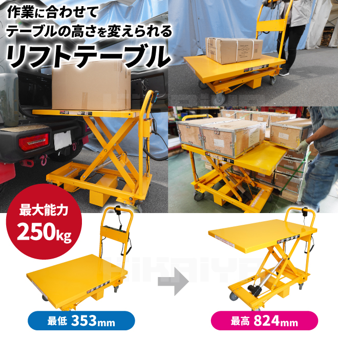 KIKAIYA　リフトテーブル　250kg　（個人様は営業所止め）　ハンドリフター　昇降台車　電動　テーブルリフト　アクチュエーター式　テーブルカート