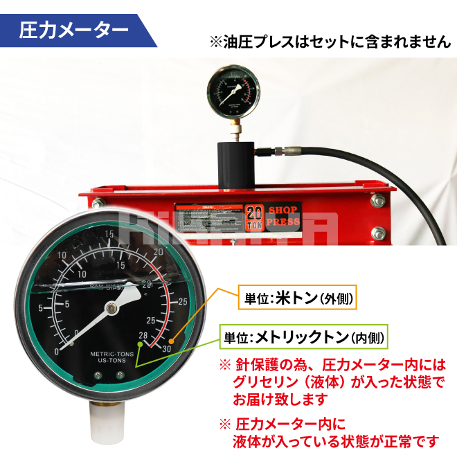 油圧プレス 20トン用 油圧シリンダー 圧力メーター セット