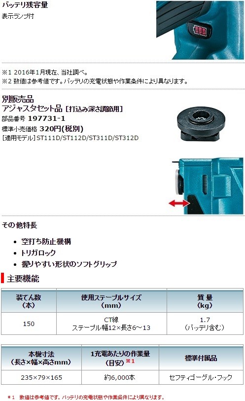マキタ（makita） 18V-6.0Ah/13mm充電式タッカ(CT線) ST312DRG : e