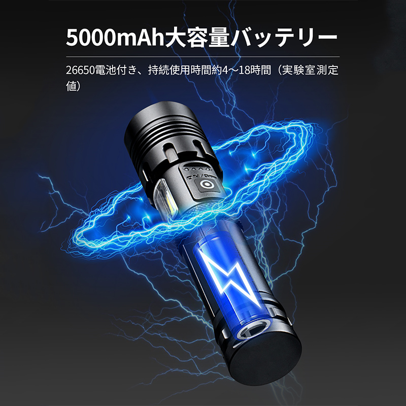 人気ショップ 最新進化型モデル 懐中電灯 LED 超高輝度 ハンディライト 5000ルーメン 充電式 作業灯 強力 超明るい 防水 防塵 防災対策  モバイルバッテリー 26650電池付 notimundo.com.ec