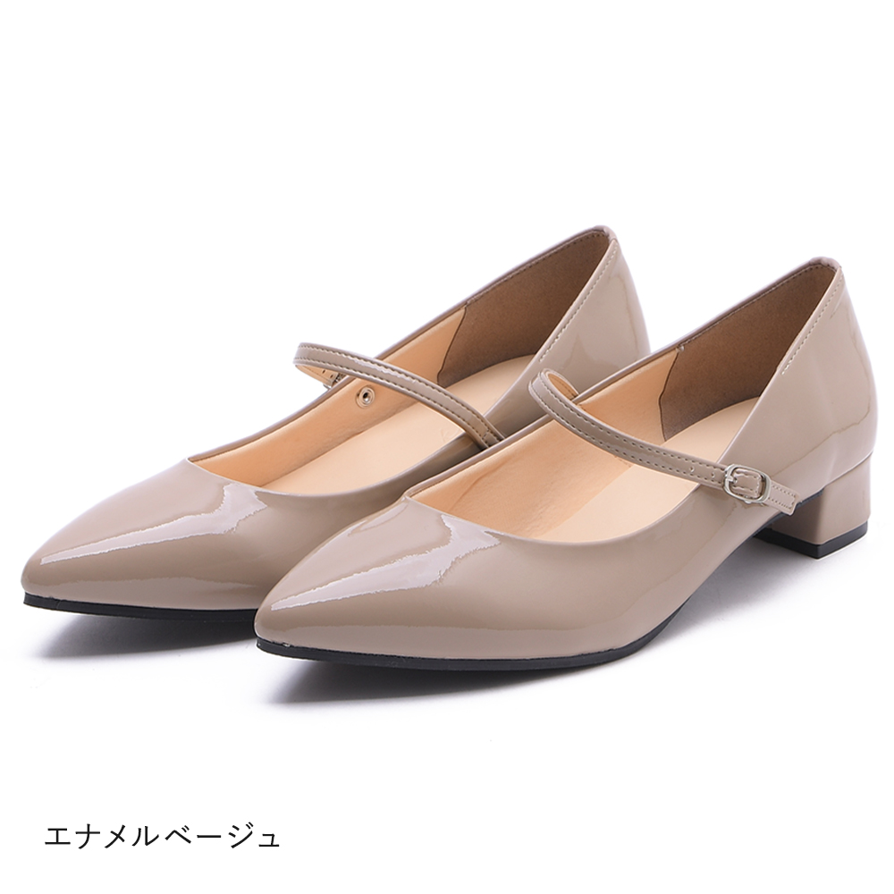 美品ペダラパンプス♡ベージュエナメルトラップ付きローヒール23.5センチEE パンプス ローヒール 痛くない 歩きやすい 3cmヒール ポイン