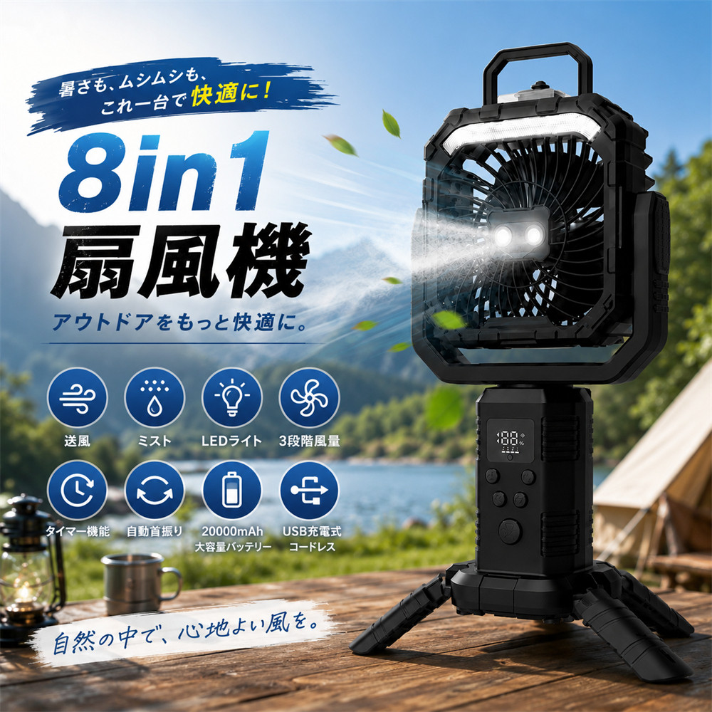 アウトドア 扇風機 ミストファン ミスト 照明 首振り 高さ調整 充電式