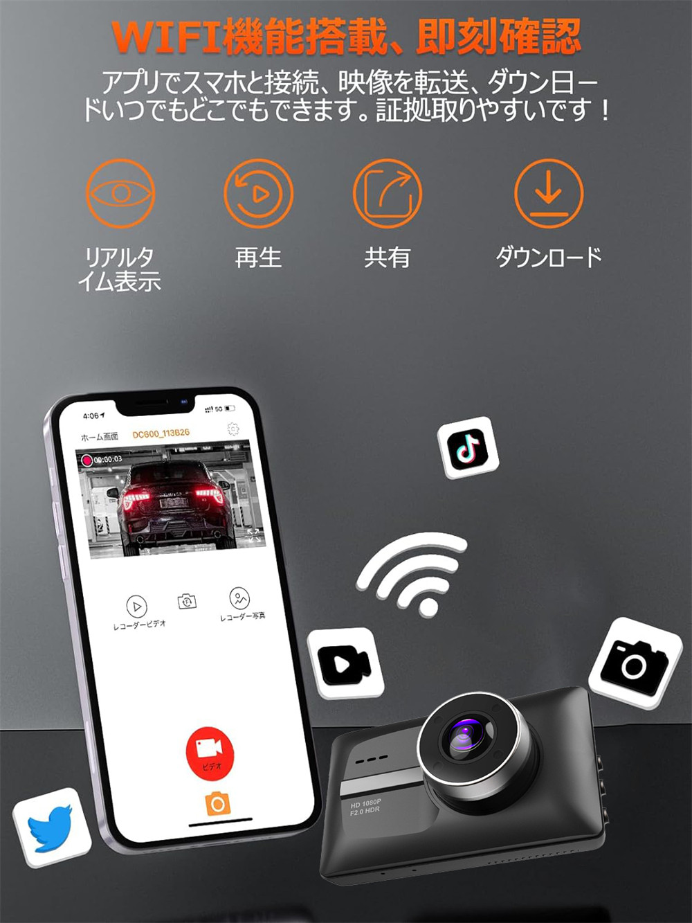 ドライブレコーダー 前後カメラ SONY589製CMOSセンサー WIFI搭載