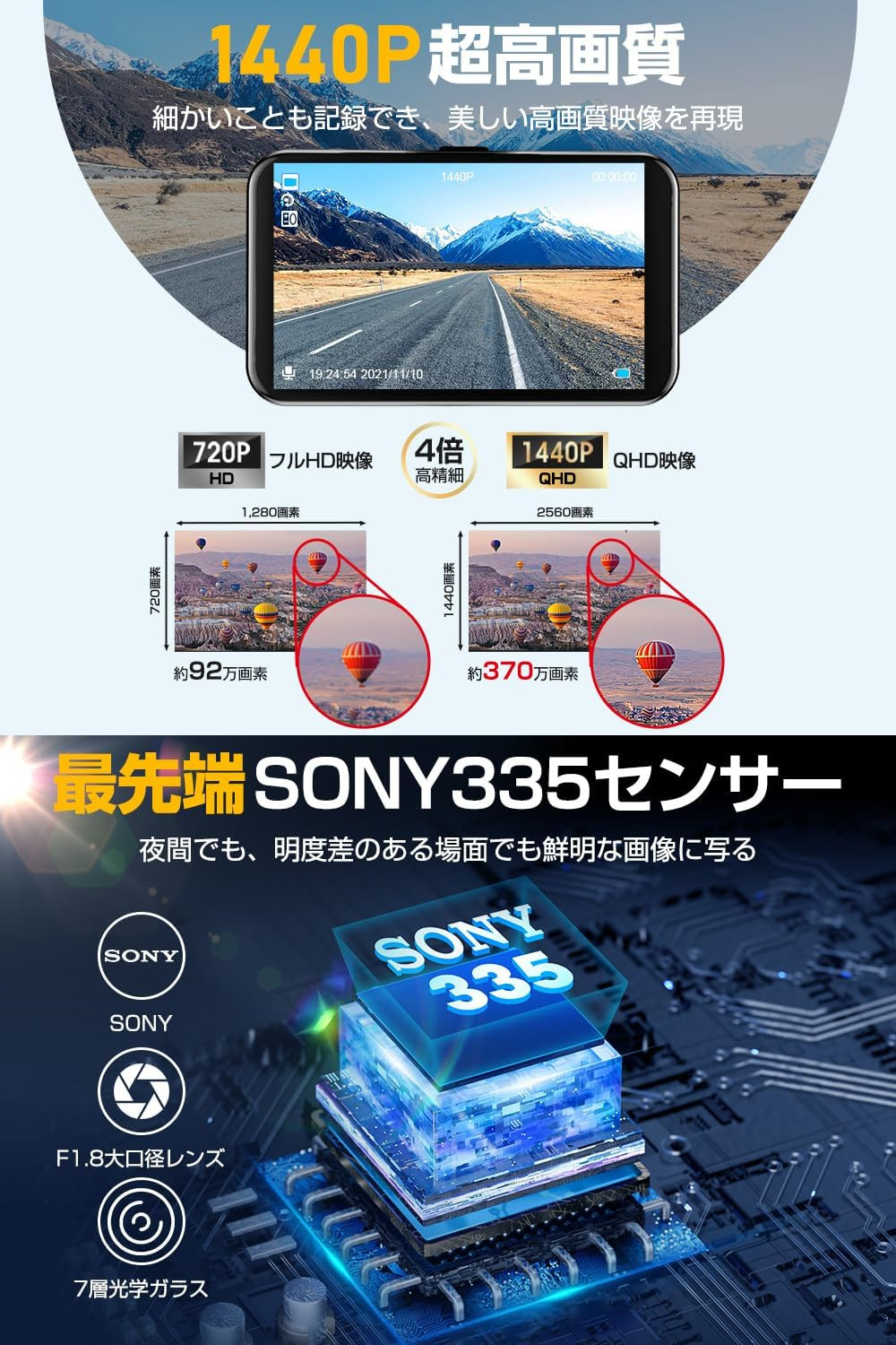 ドライブレコーダー 前後カメラ Sonyセンサー 1440P FullHD ドラレコ