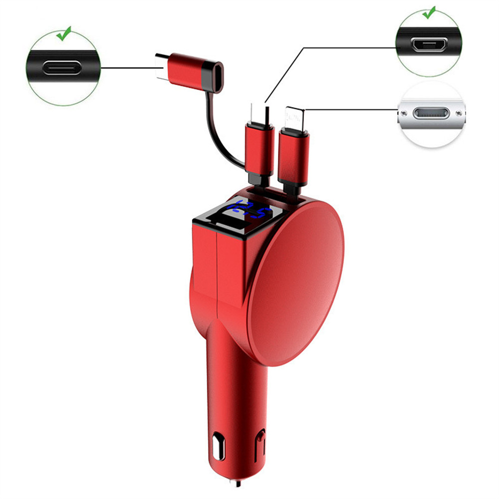 車載充電器 シガーソケット 巻取り式 ケーブル 最大60W QC4.0 PD対応 急速充電 カーチャージャー リール式 3台同時 12/24V車対応 電圧測定 USBポート type-C |  | 01