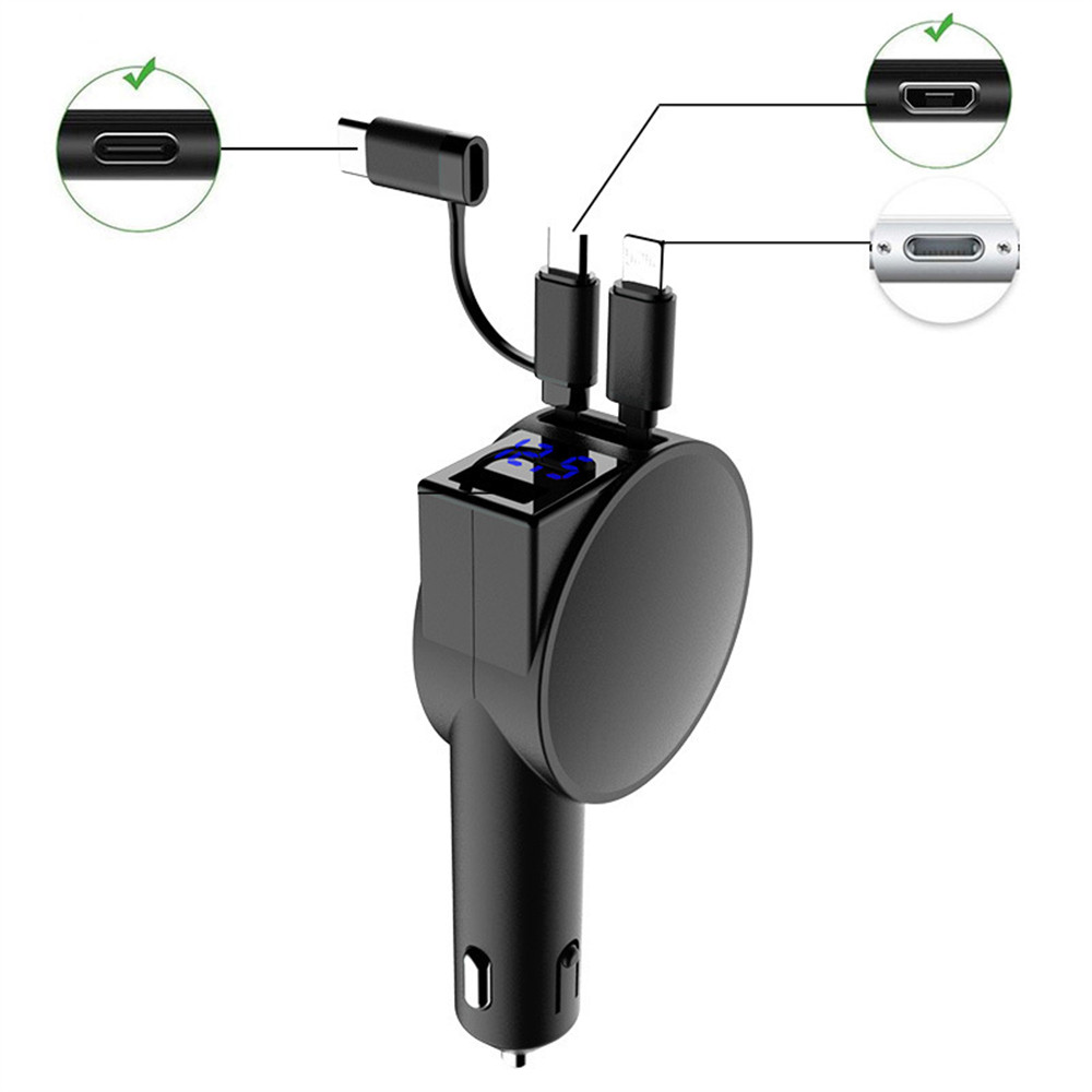 車載充電器 シガーソケット 巻取り式 ケーブル 最大60W QC4.0 PD対応 急速充電 カーチャージャー リール式 3台同時 12/24V車対応 電圧測定 USBポート type-C |  | 02