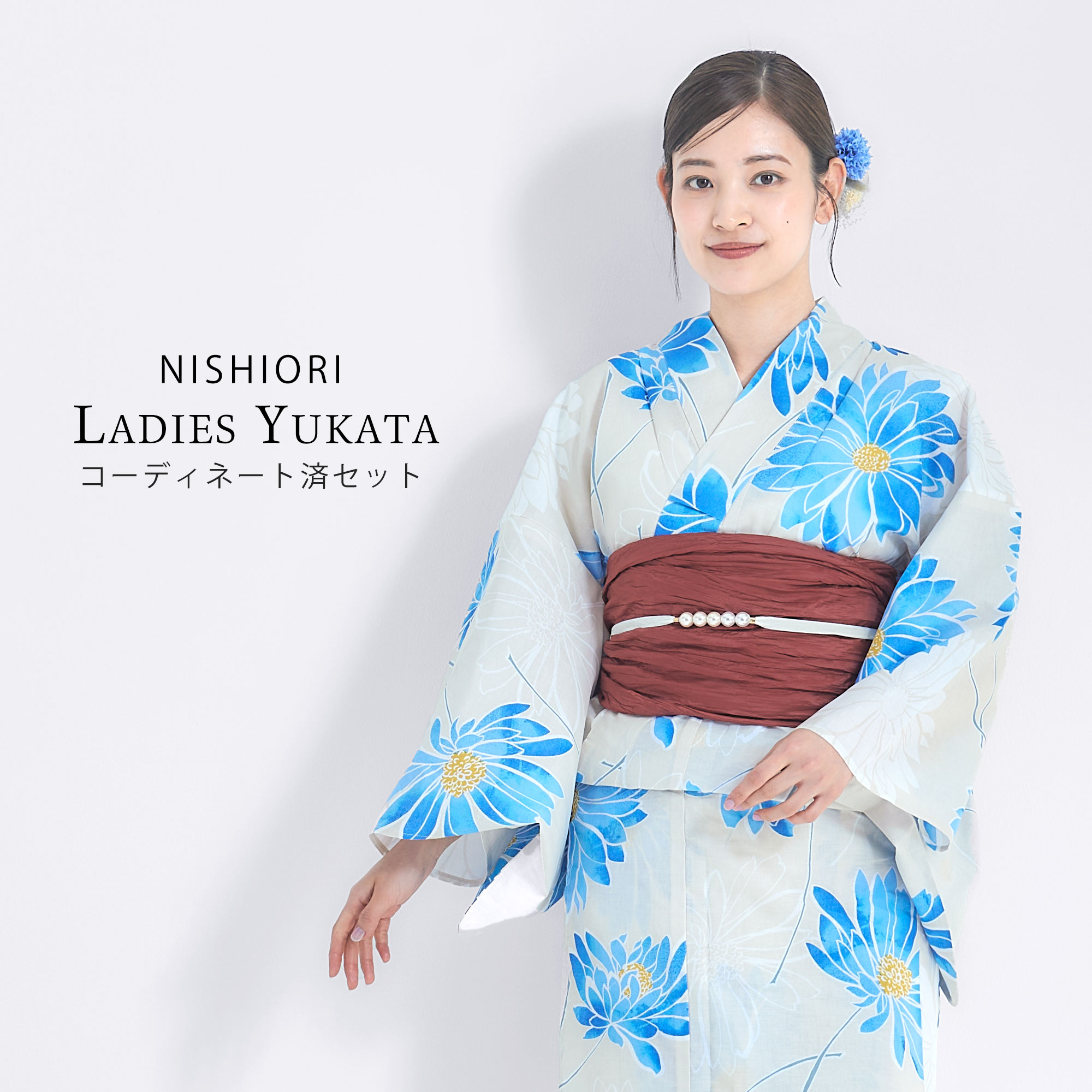 NISHIORI 浴衣 レディース 3点セット ゆかた 兵児帯 下駄 綿100