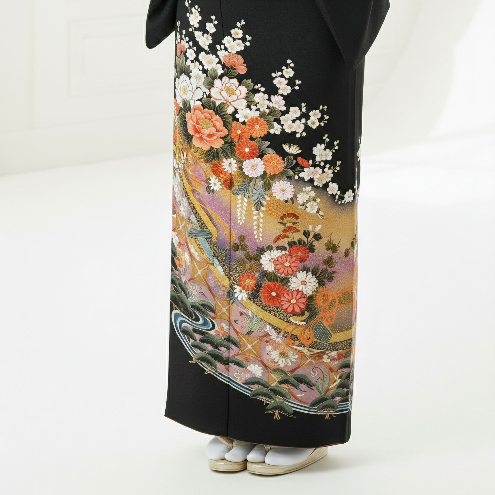 KK38 黒留袖 風景 リメイク フォーマル 結婚式 結納 礼服 高級 五つ紋 楽天市場】【レンタル】留袖ドレス ツーピース 7号 立ち襟比翼仕立て